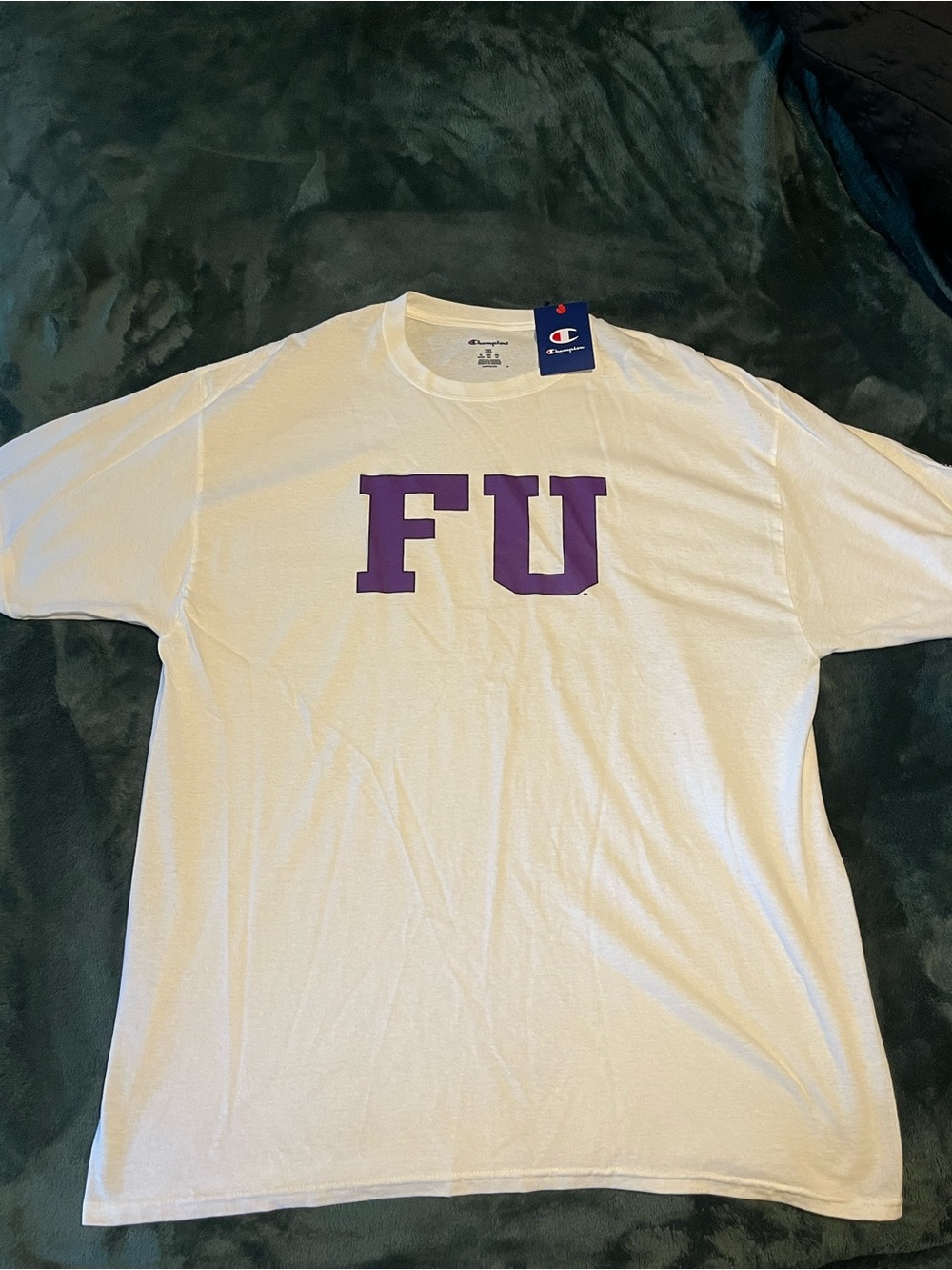 NWT Champion Furman University White Short-Sleeve Tee with Purple 'FU' Graphic